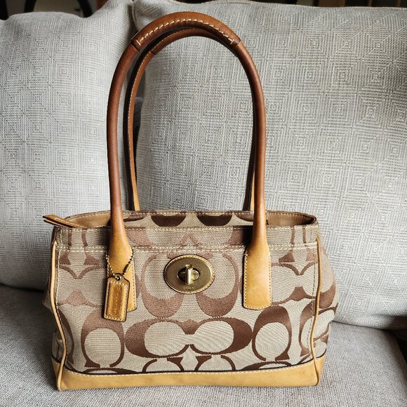 COACH Madeline top handle shoulder satchel khaki signature C and camel leather - Picture 1 of 15